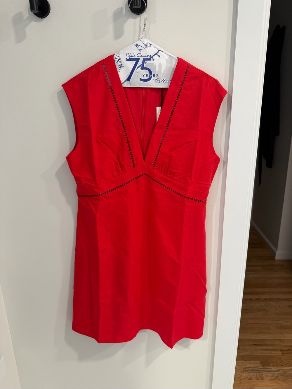 Red linen blend eyelet trim sleeveless mini dress